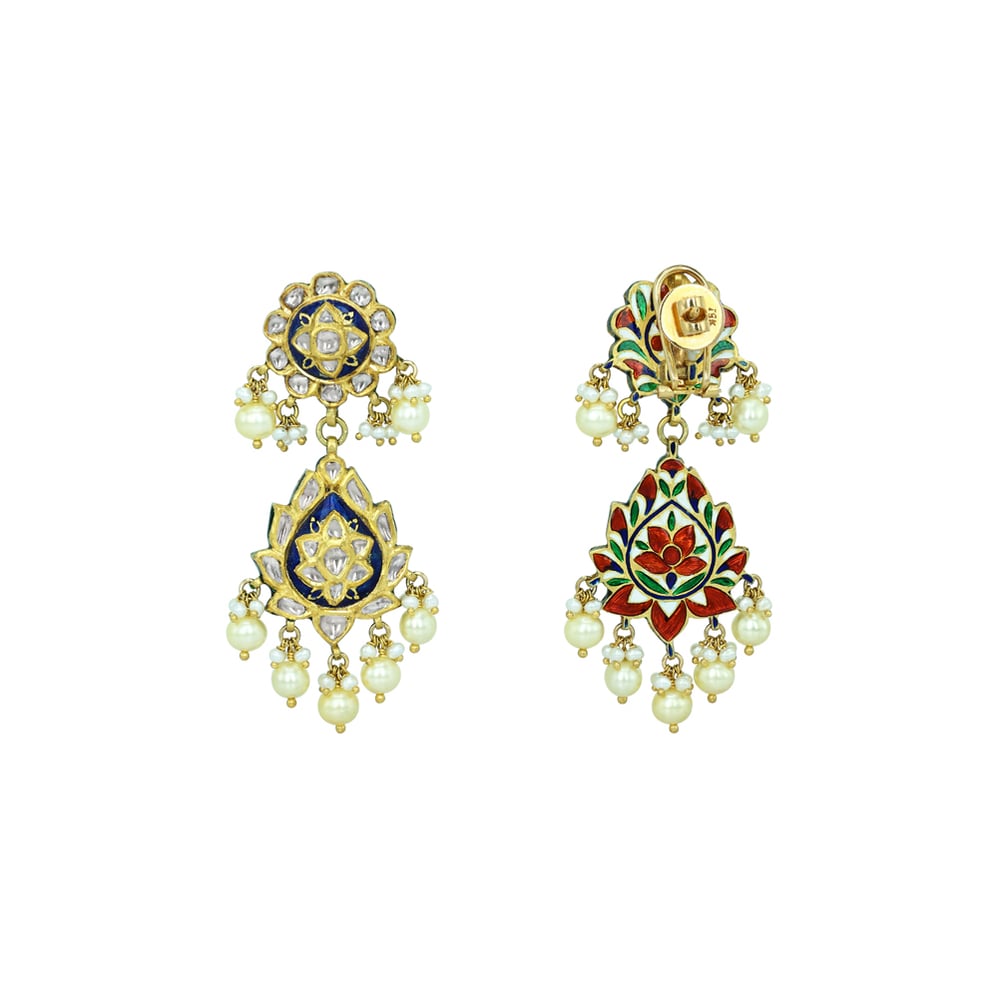 Drop Earrings with Blue Enamel and Pearls
